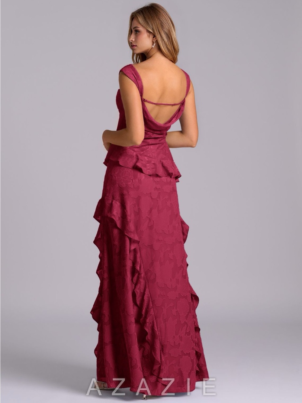 Azazie Sloane Floral Burnout Women's Burgundy Ruffled Evening Gown - Picture 3 of 5